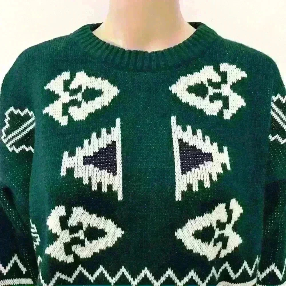 Vintage Bohemian Oversized Multicolored Green Pattern Crew Neck Sweater jumper - Picture 3 of 15